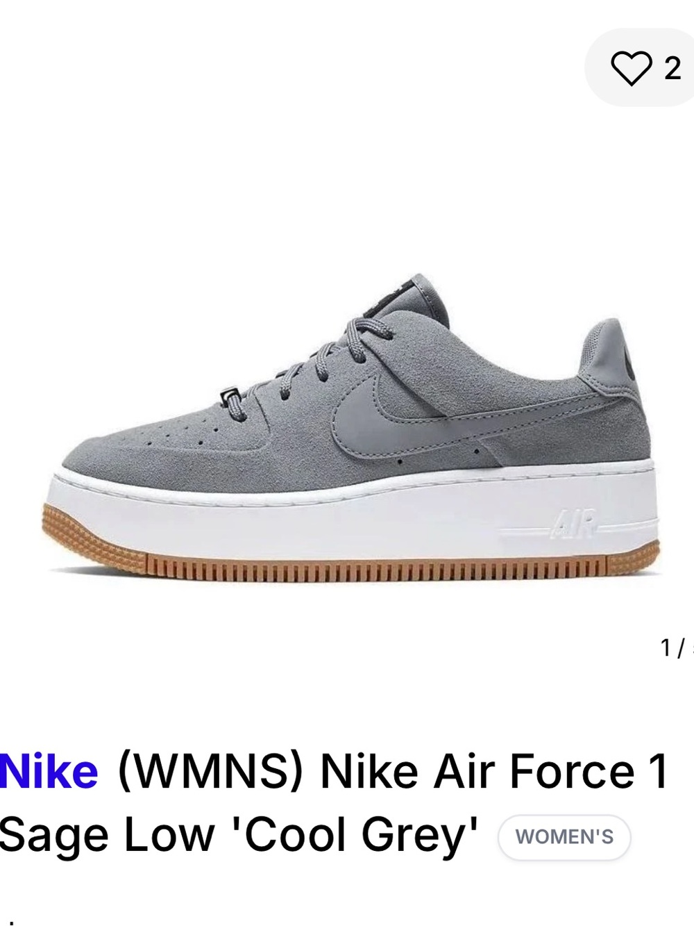Nike Women’s Air Force 1 Low — Cool Grey with Gum Sole